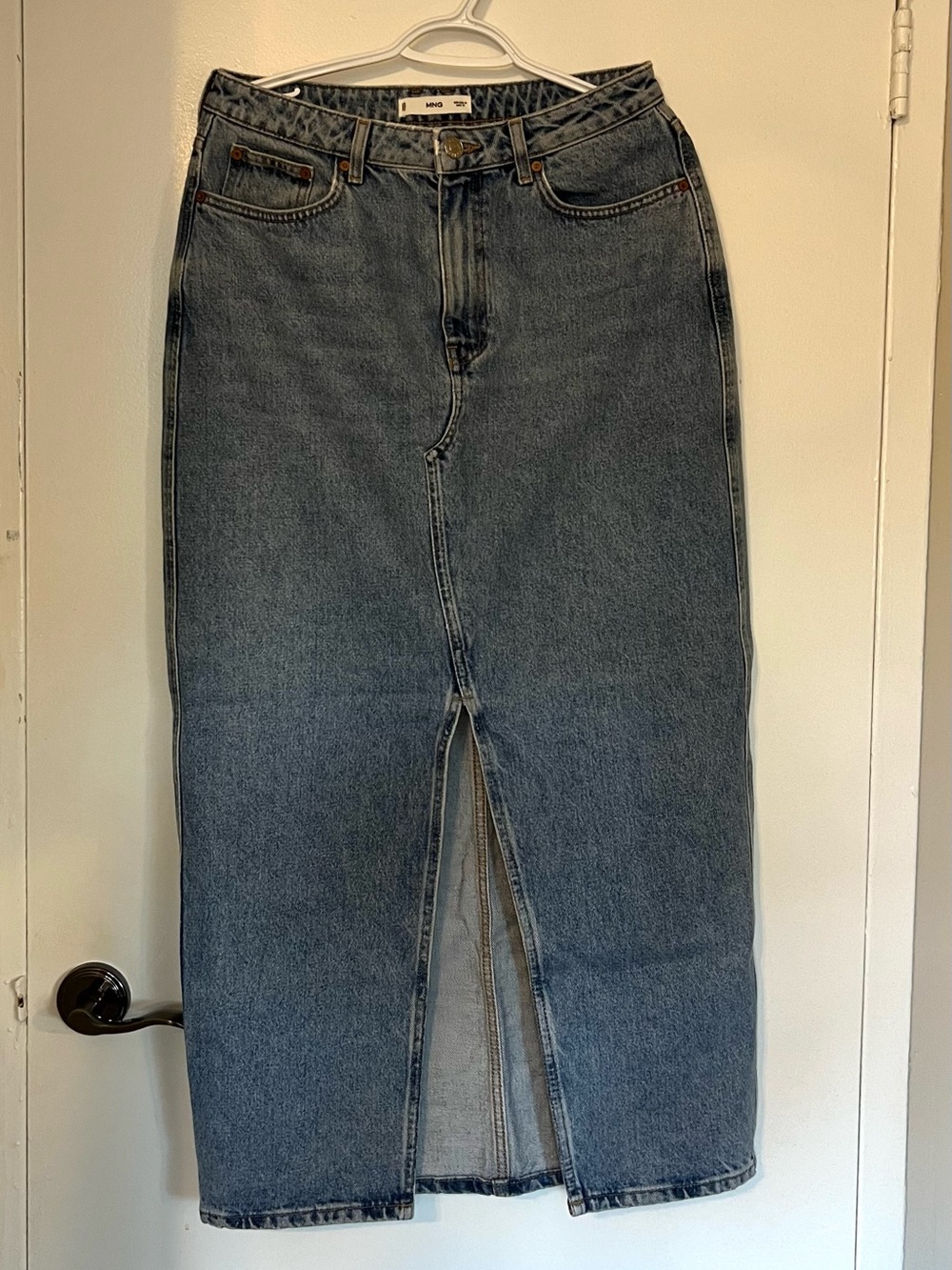 Classic Blue Denim Midi Skirt with Front Slit